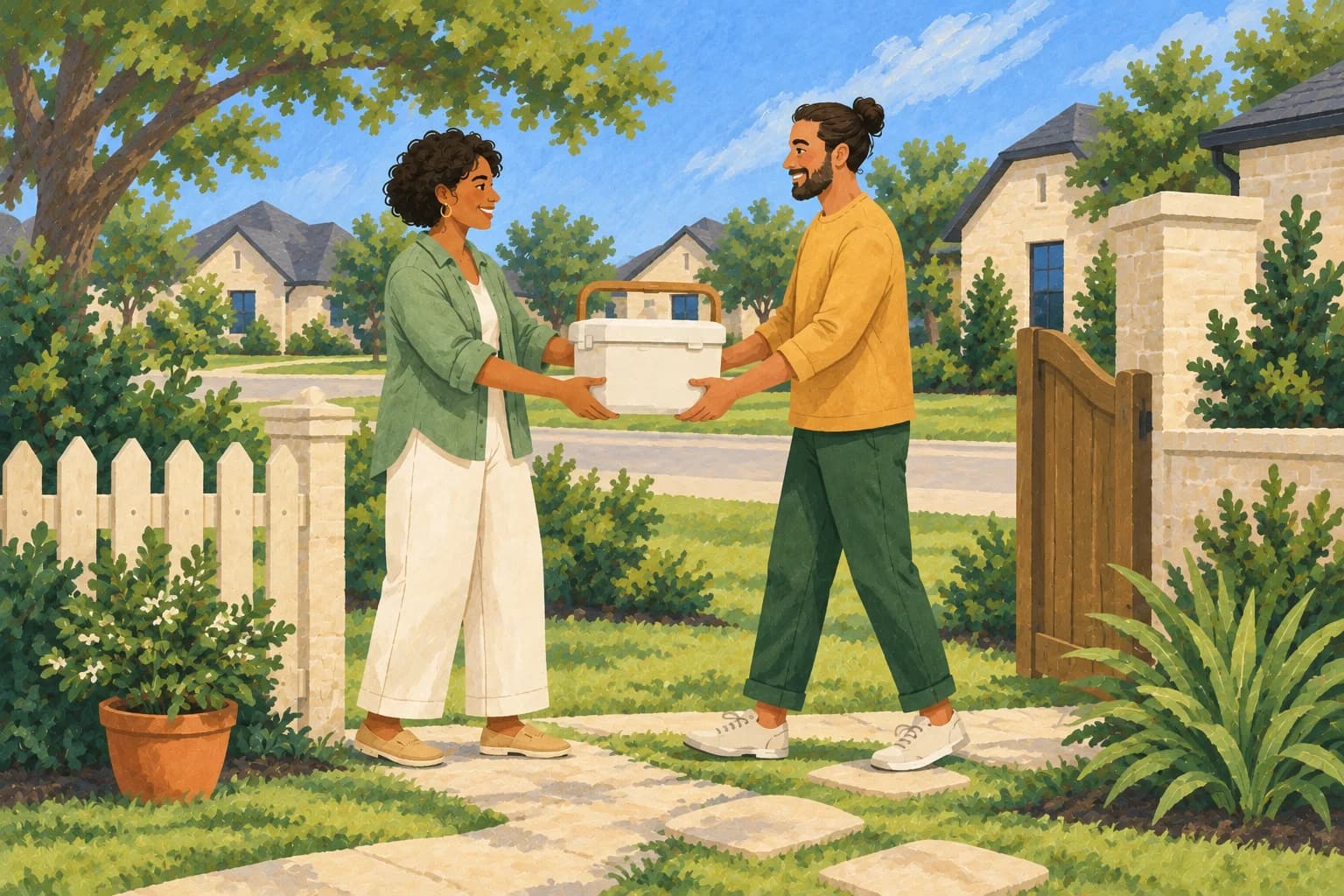 Illustration of two neighbors carefully passing a closed cooler between them at a garden gate.