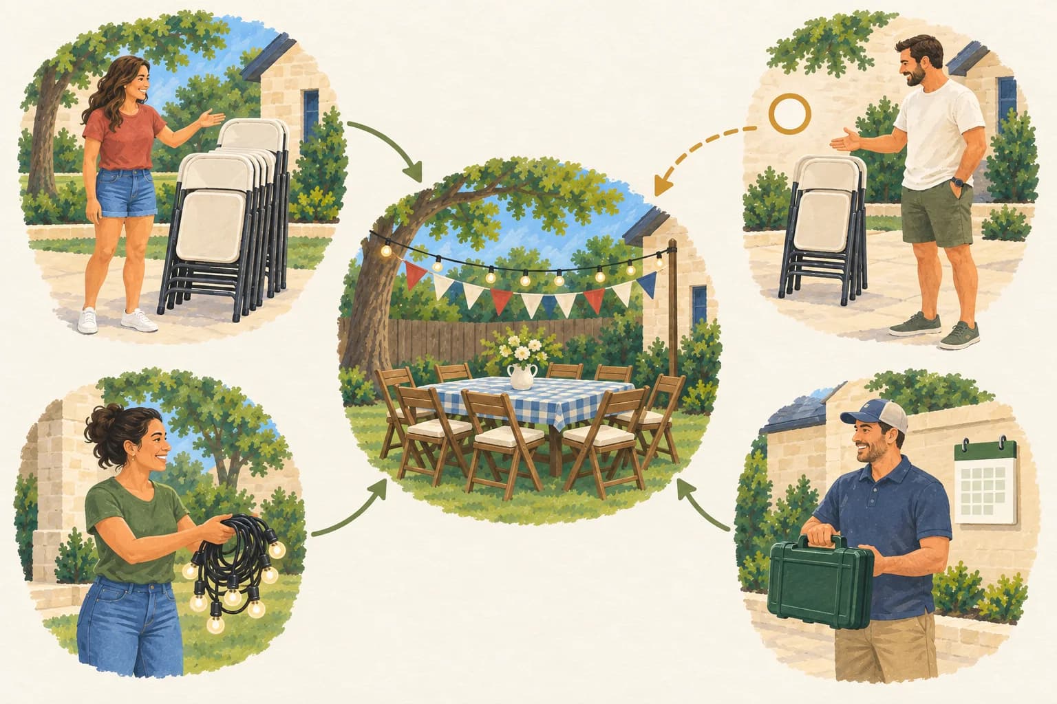 Chairs, string lights and a drill from separate neighbors connect to one backyard birthday setup, with an unfilled chair need kept visibly separate.