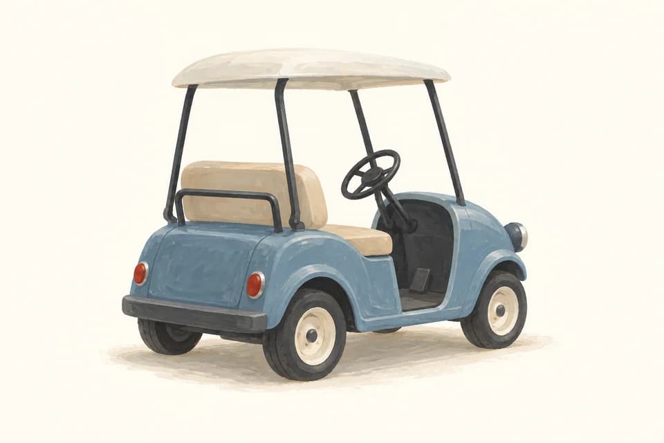 A compact blue two-seat golf cart with a white roof and cream seats.