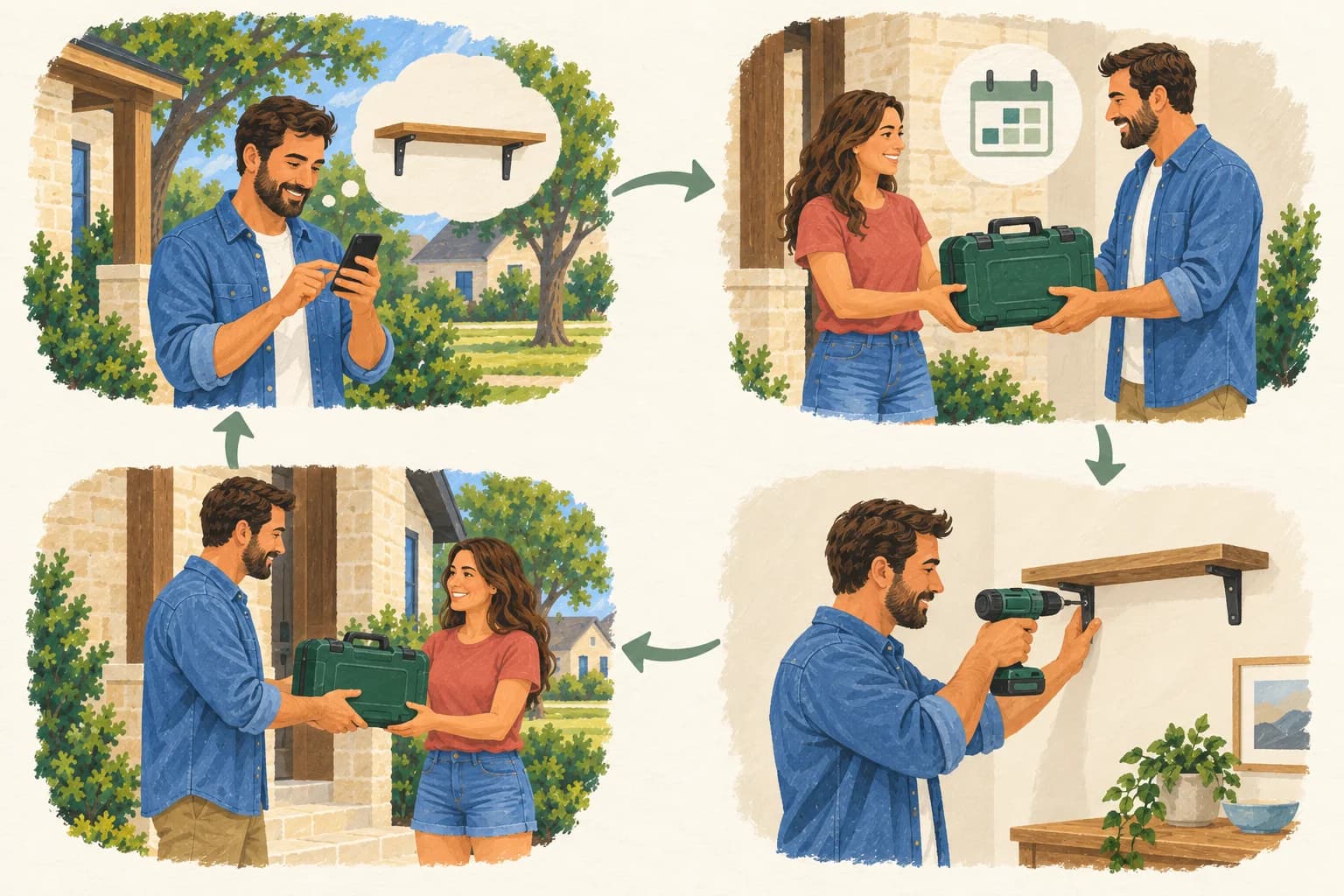 Four connected painted scenes show a borrower asking by phone, receiving a drill, hanging a shelf and returning the same drill to its owner.