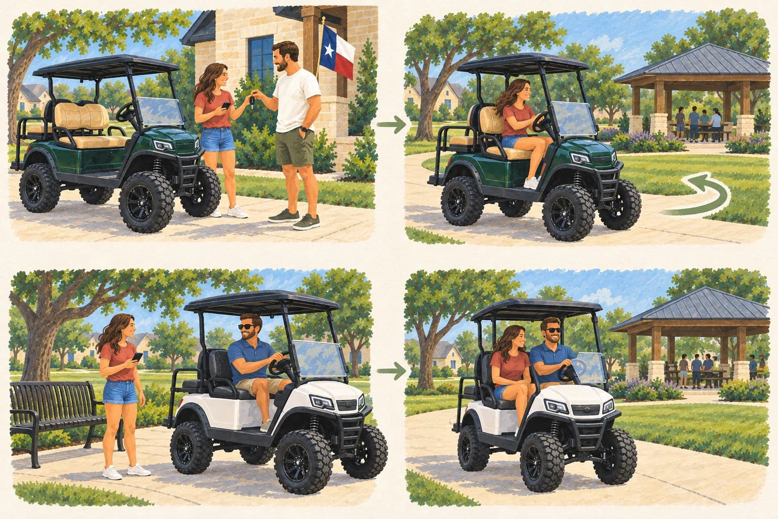 Two illustrated rows contrast receiving keys and driving a lifted green cart with joining a neighbor at the wheel of a white cart for a planned ride.