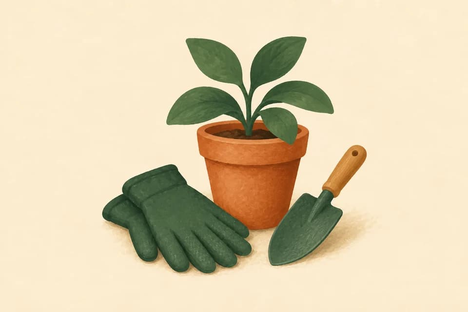 A terracotta plant pot, garden gloves and a hand trowel.