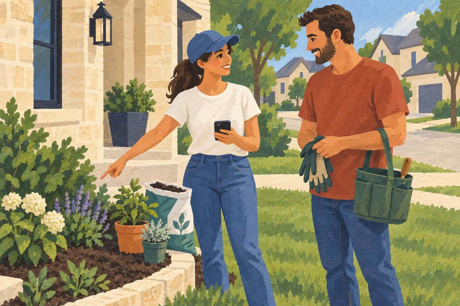 Two neighbors use a phone to agree on a garden task outside a North Texas home.