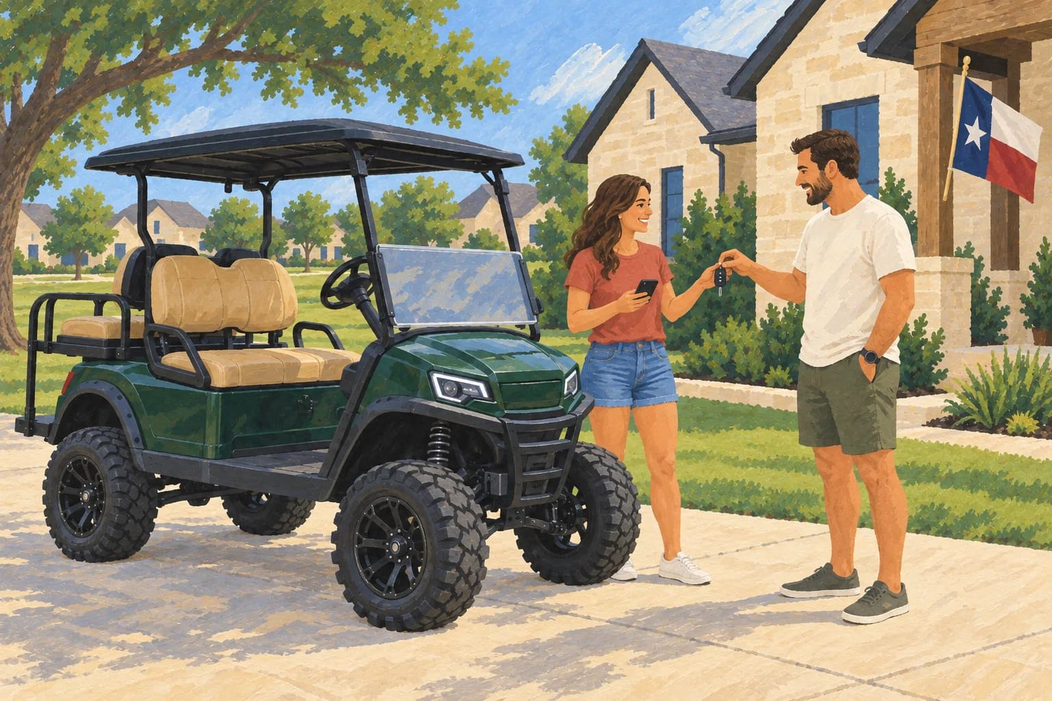 Two neighbors exchange keys beside a lifted green golf cart, with a Texas flag on the porch.