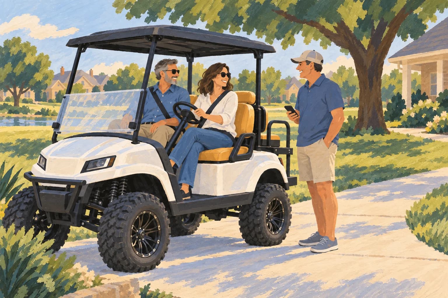 Neighbors arrange a ride beside a lifted white golf cart on a quiet subdivision path.