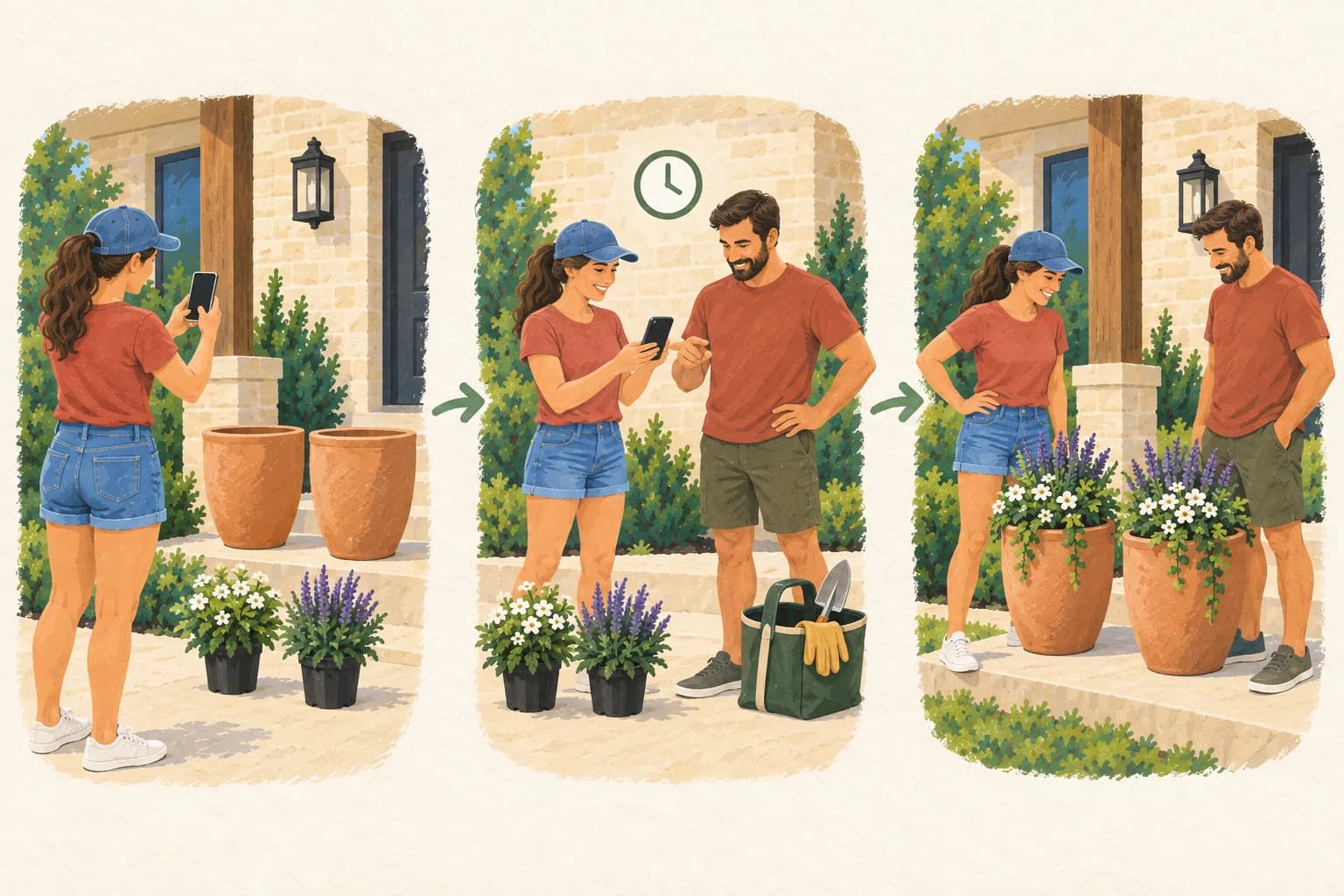 Three painted stages show a neighbor photographing two empty planters, neighbors agreeing on plants and tools, and the same planters filled after the task.