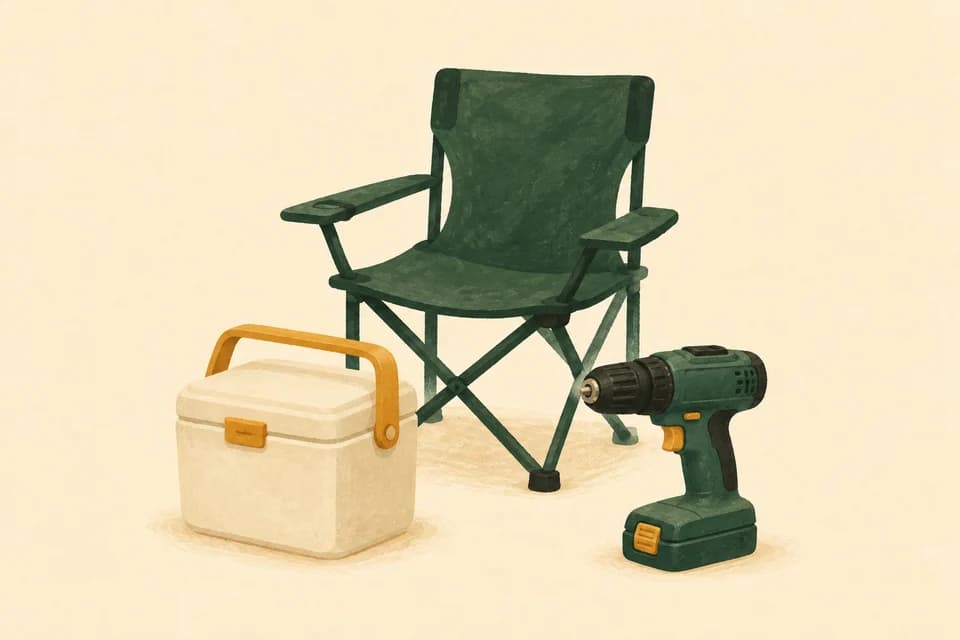 A painted folding chair, picnic cooler and cordless drill.