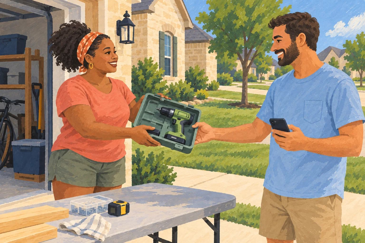A neighbor passes an open drill case to a neighbor holding a phone beside a Texas limestone home.