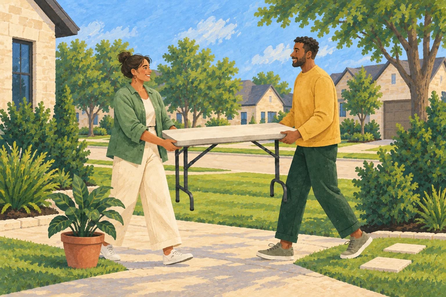Illustration of two neighbors carrying a folding table together between their gardens.
