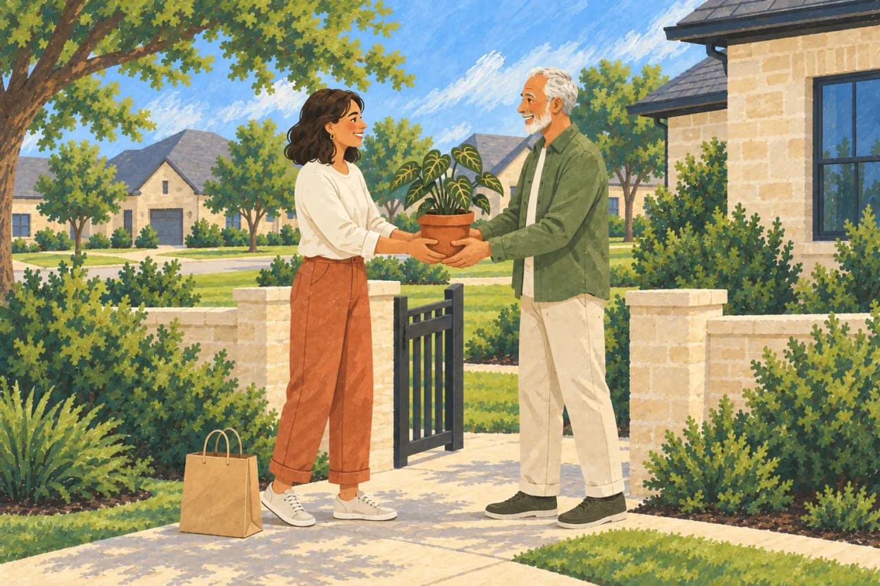 Illustration of two neighbors passing a potted plant between them at a garden gate.