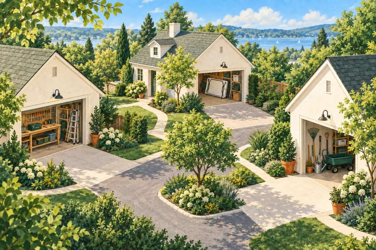 An illustrated cluster of neighboring garages with a workbench, ladder, folding table and garden tools.
