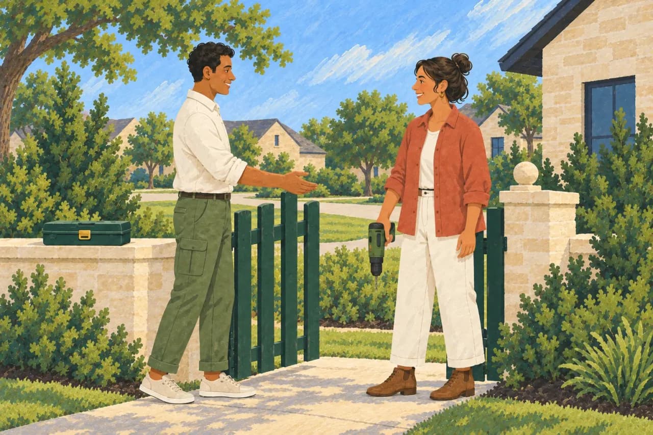 Illustration of neighbors at a sunny garden gate, with a cordless drill held downward and away from people.