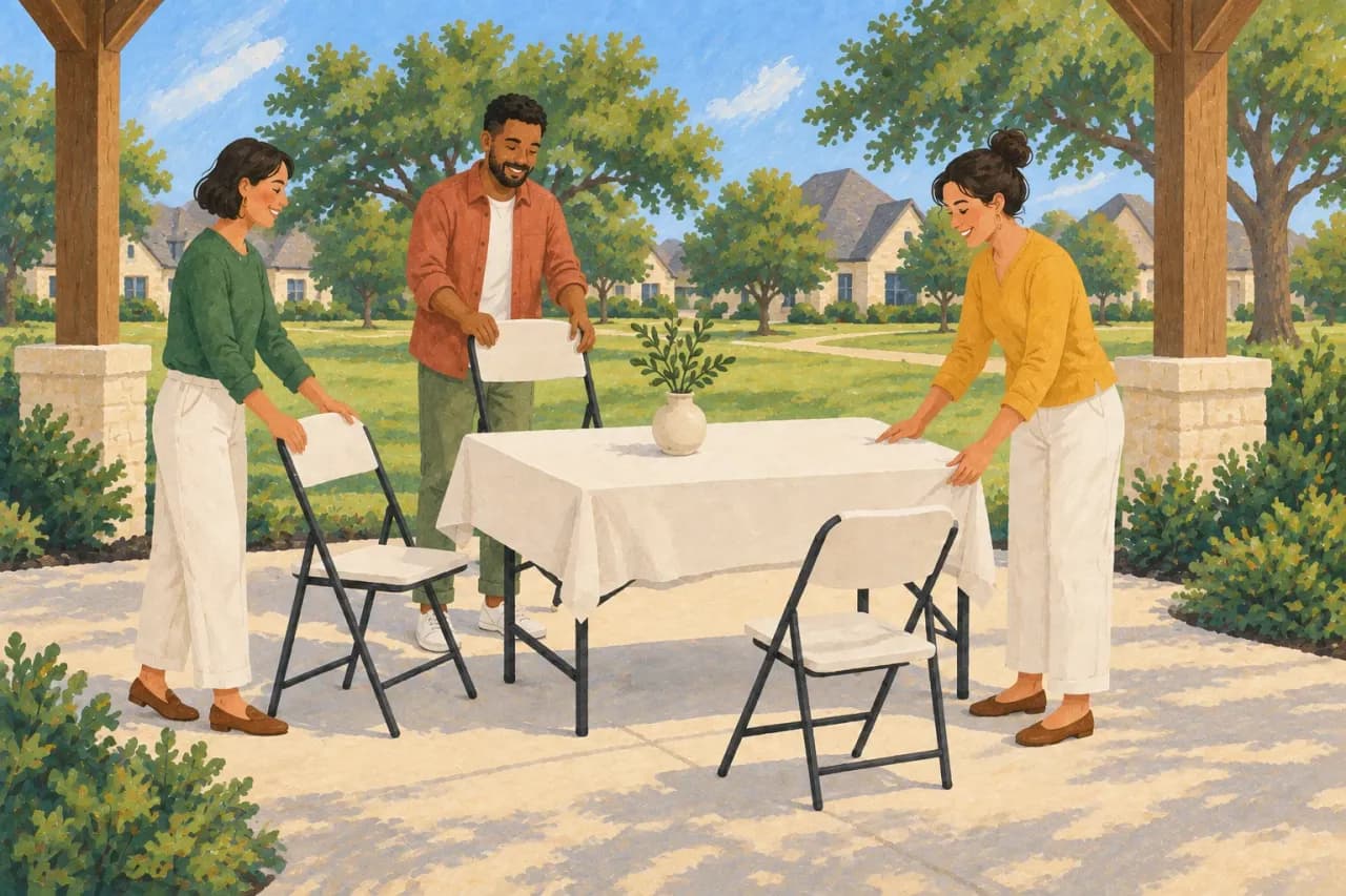 Illustration of three neighbors arranging folding chairs and a table in an outdoor pavilion.