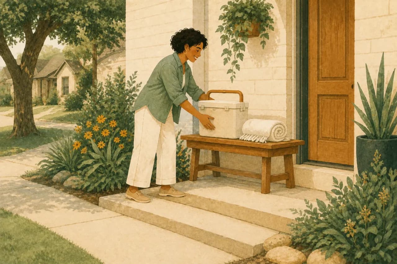 Illustration of a neighbor setting a cooler beside a blanket on a porch bench.