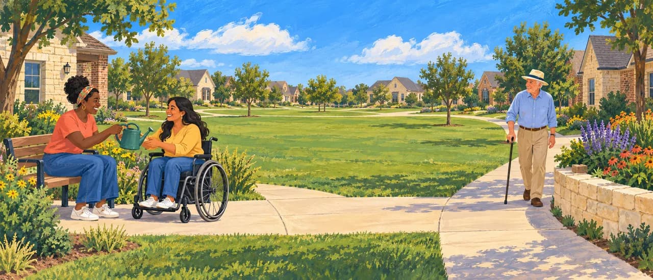 A wheelchair user easily collects a borrowed tool on a wide level pickup path.