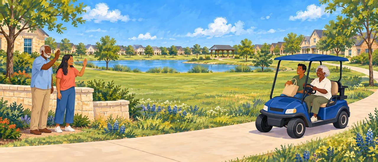 Neighbors share a golf cart ride along a pondside path.