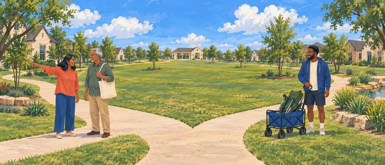 A neighbor gives clear directions while another prepares a shared item for pickup.