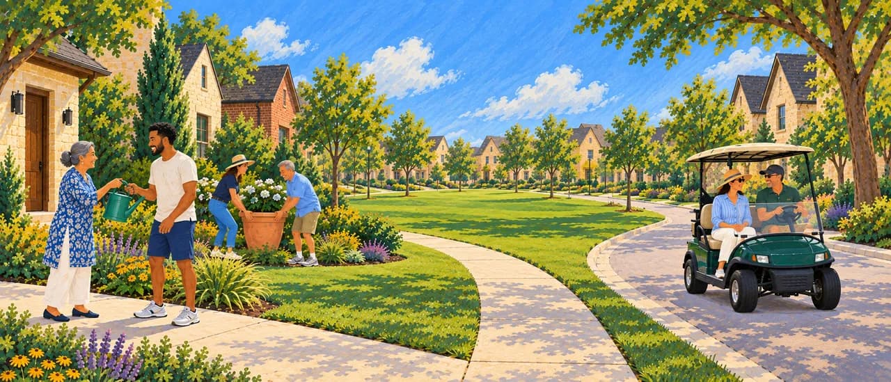 Neighbors lend a watering can, help with a planter and pass in a golf cart.