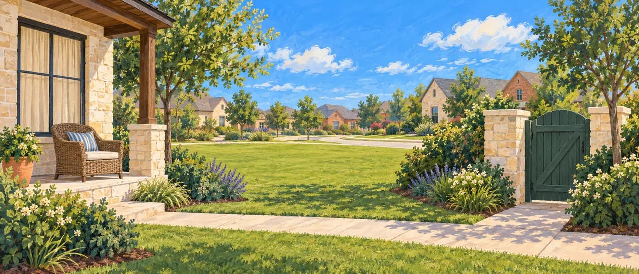 Drawn porch curtains and a closed garden gate suggest comfortable personal privacy.