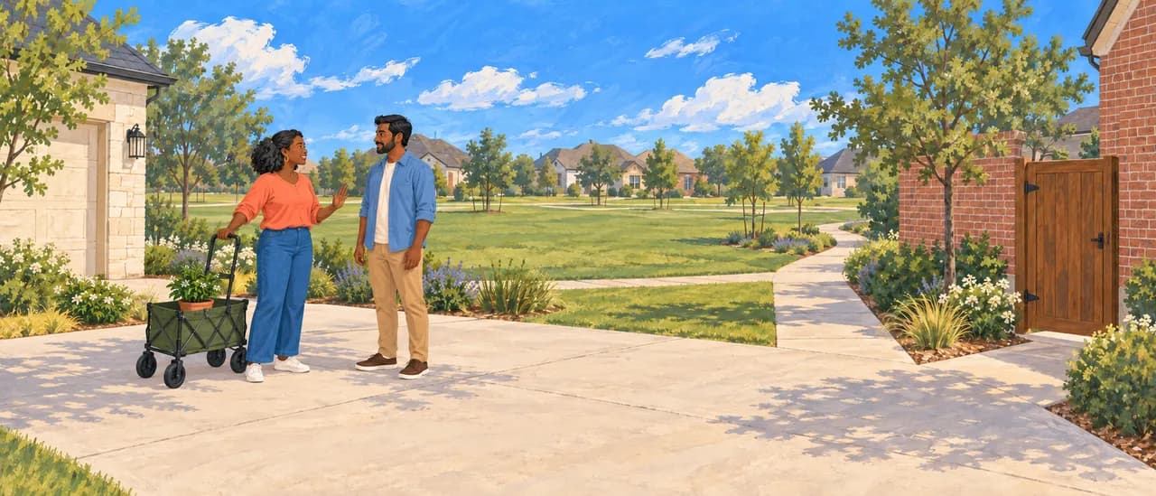 Neighbors pause an equipment handoff to discuss it with space and mutual respect.