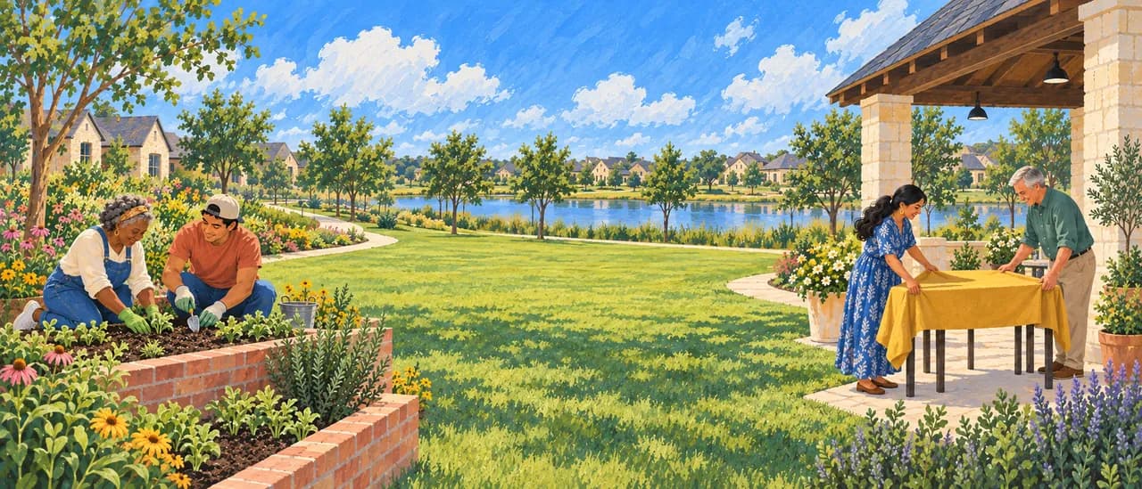 Neighbors plant a garden and prepare an outdoor gathering.