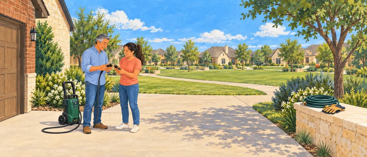 Neighbors check the parts of a borrowed pressure washer before agreeing to the handoff.