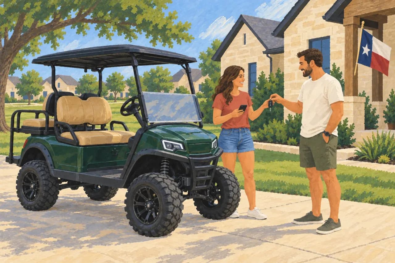 Two neighbors exchange keys beside a lifted green golf cart, with a Texas flag on the porch.