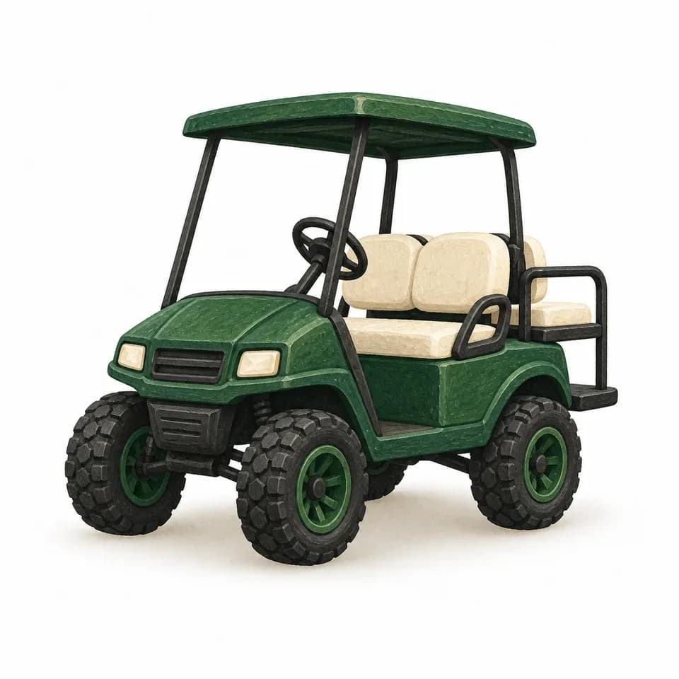 A lifted green golf cart with chunky tires and cream seats, painted as a compact miniature.