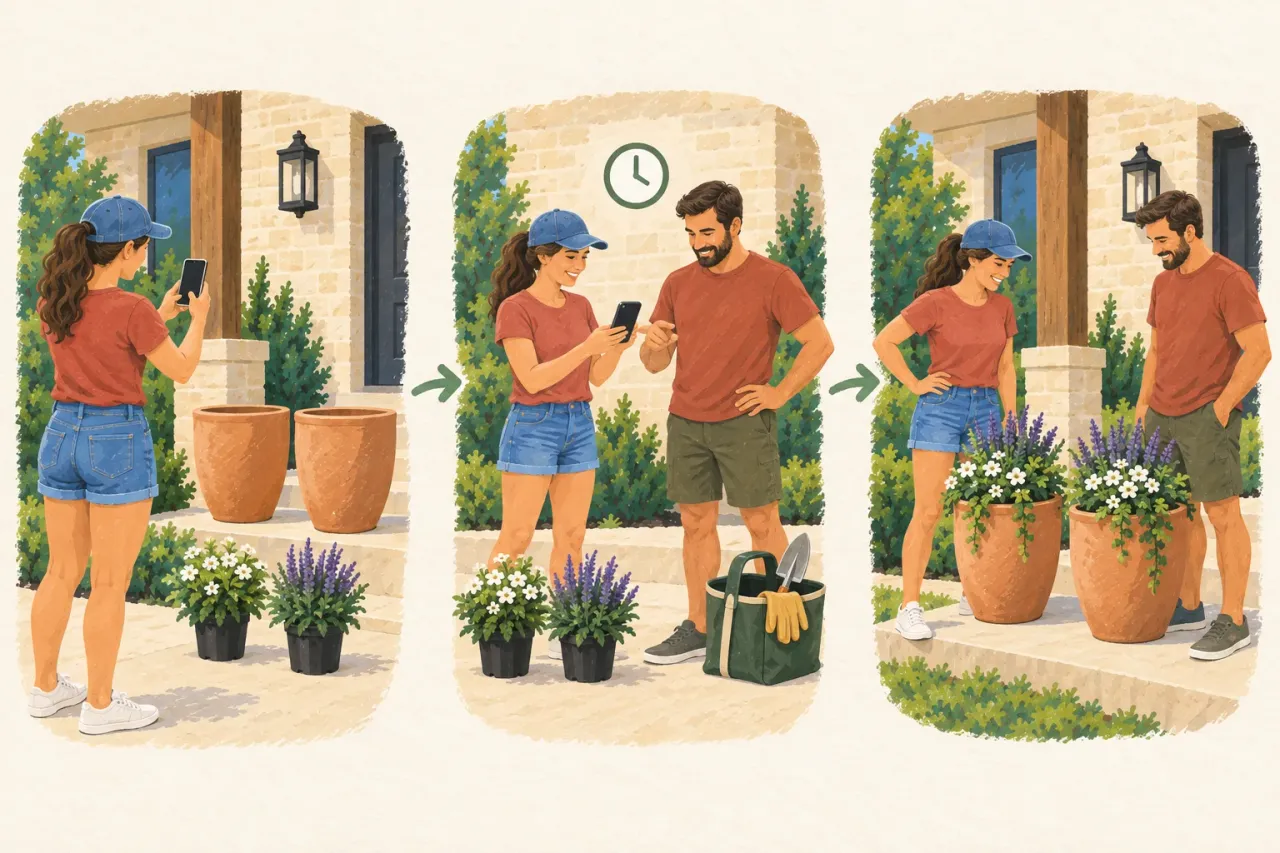 Three painted stages show a neighbor photographing two empty planters, neighbors agreeing on plants and tools, and the same planters filled after the task.