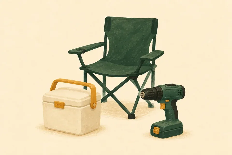 A painted folding chair, picnic cooler and cordless drill.