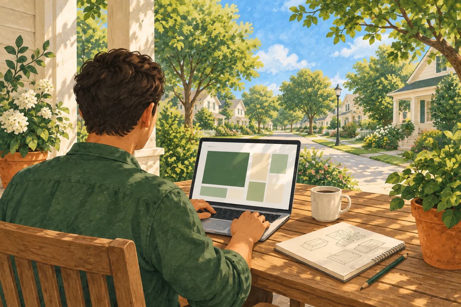 Illustration of a neighbor seen from behind, working on a laptop at a patio table overlooking the neighborhood.