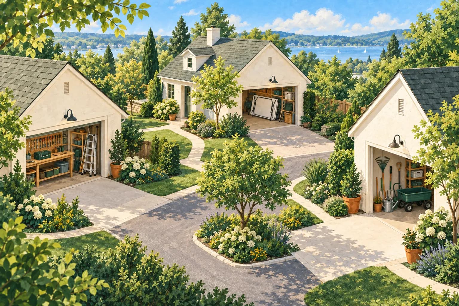 An illustrated cluster of neighboring garages with a workbench, ladder, folding table and garden tools.