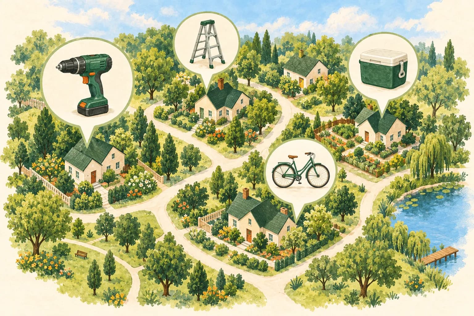 A painterly neighborhood map with item pins for a drill, ladder, cooler and bicycle.