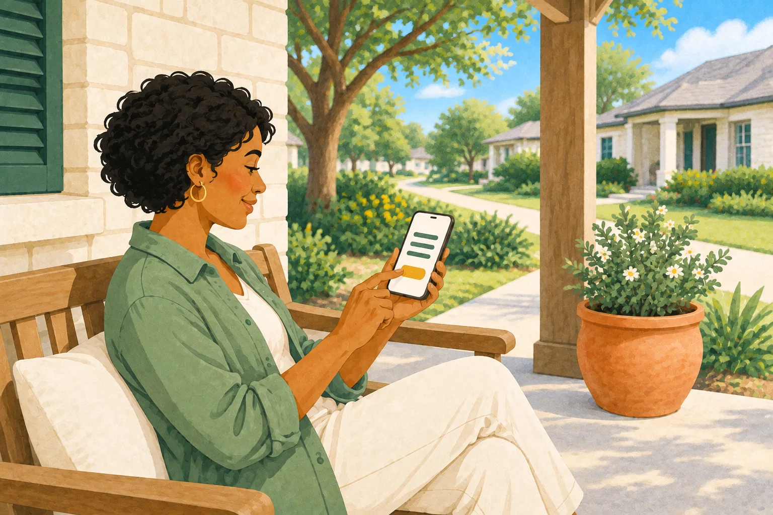 Illustration of a neighbor on a porch using a phone with a few simple interface shapes.
