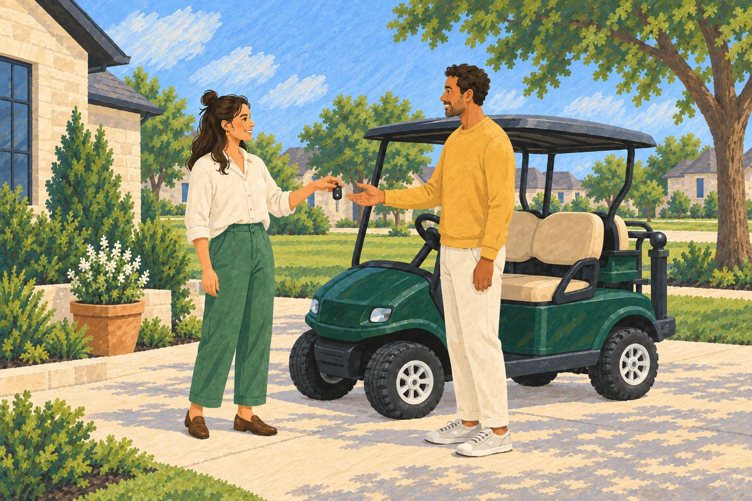 Illustration of two neighbors exchanging a key beside a parked neighborhood cart on a driveway.