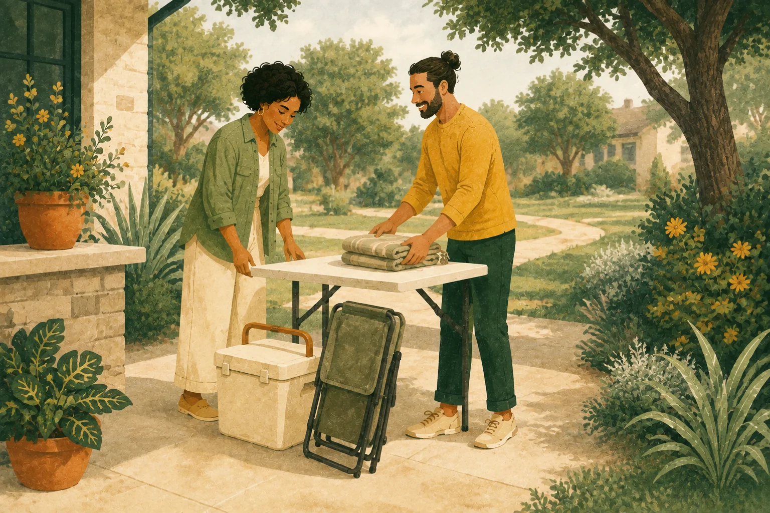 Illustration of neighbors gathering a folding table, chairs, blanket and cooler for one occasion.