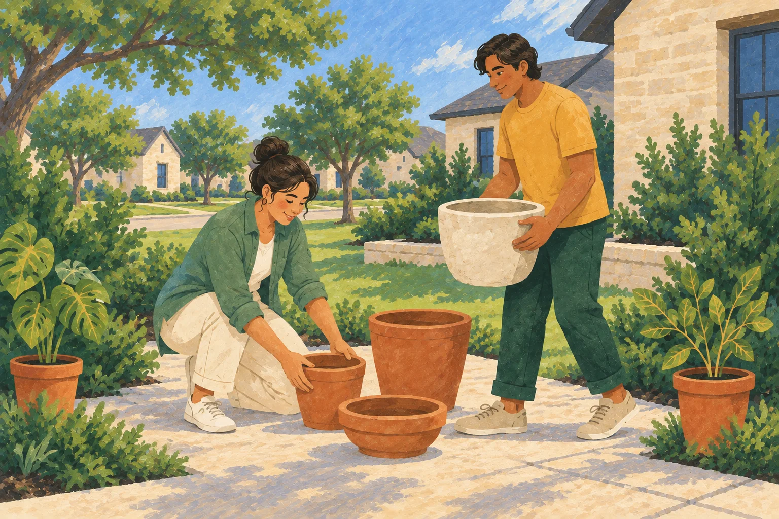 Illustration of two neighbors arranging empty planters together at ground level in a garden.
