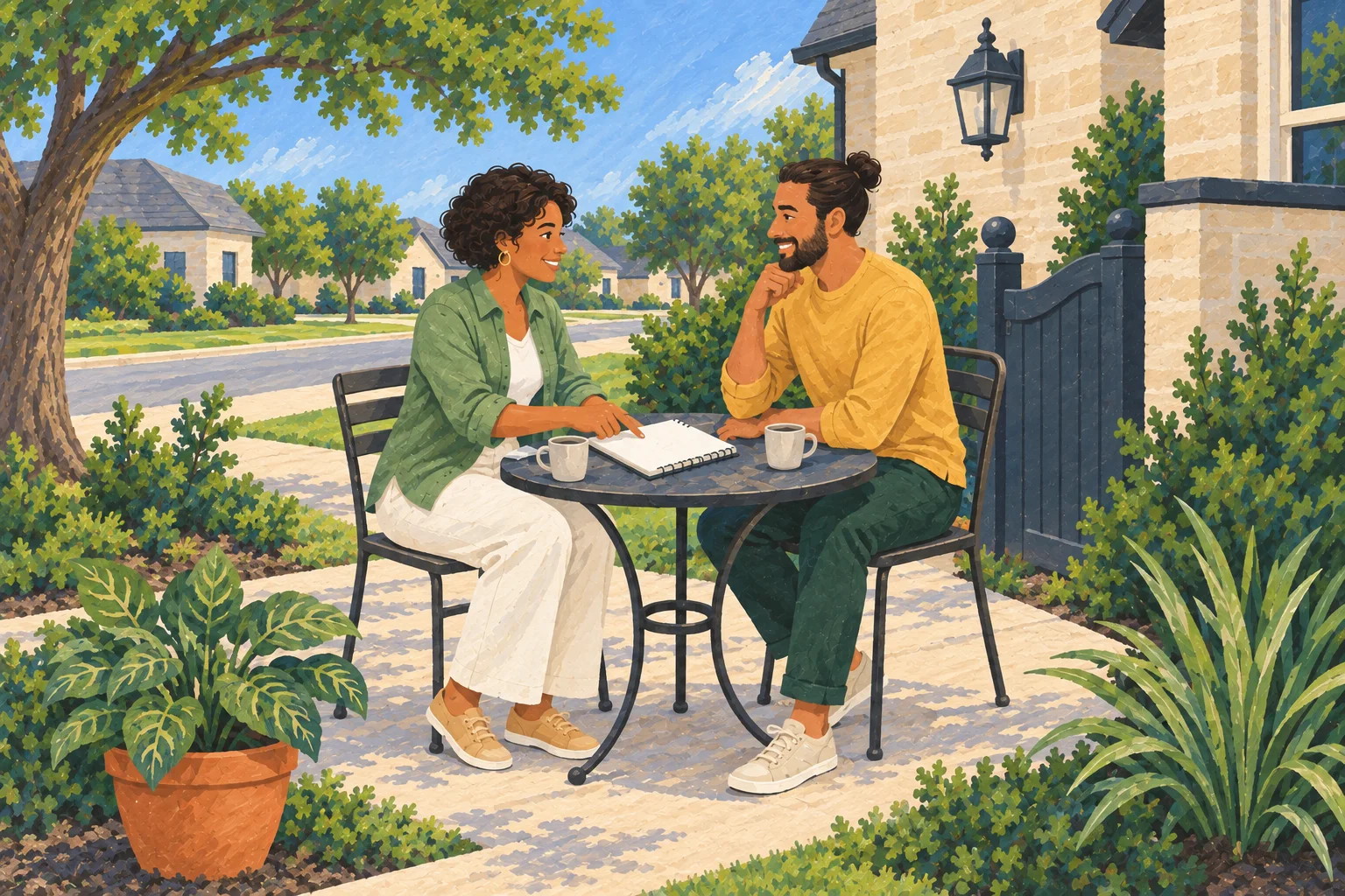 Illustration of two neighbors talking over a notebook at an outdoor table.