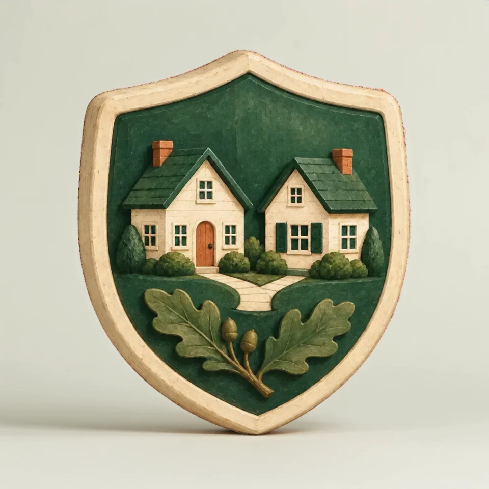 A green and gold neighborhood shield rotates slowly, with two small homes and oak leaves in relief.