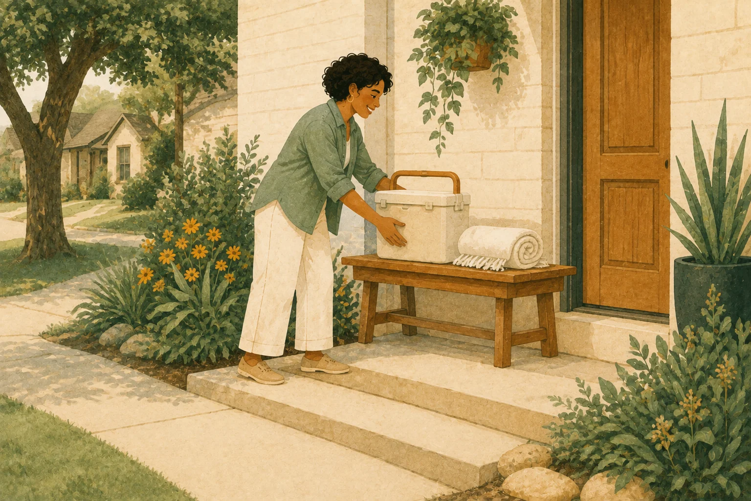 Illustration of a neighbor setting a closed cooler and folded blanket on a porch bench for pickup.