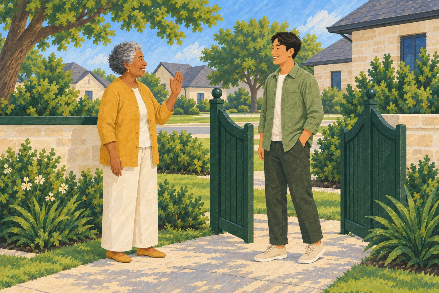 Illustration of an older neighbor waving hello to a younger neighbor beside an open garden gate.
