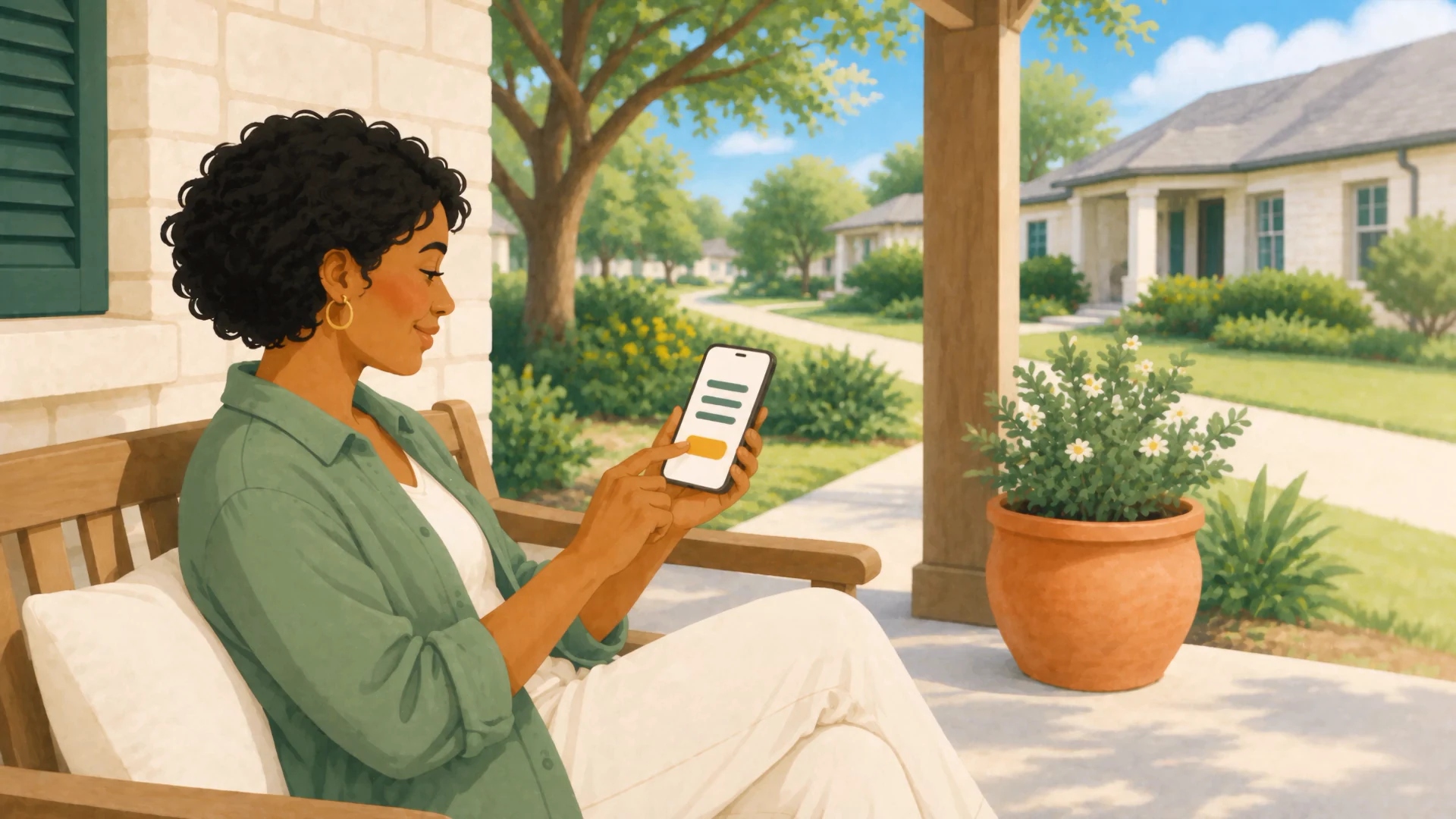 Three illustrated stages show a woman posting a blank card, a neighbor looking up from his phone, and the neighbor carrying a ladder to her door.